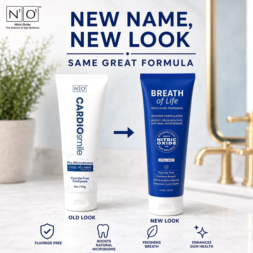 N1o1 Breath of Life Nitric Oxide Toothpaste rebrand announcement featuring the former CardioSmile fluoride-free toothpaste alongside the new Breath of Life packaging. Educational comparison graphic highlighting a new product name and updated design while maintaining the same nitric oxide boosting formula. Benefits include oral microbiome support, fresh breath, gum health, enamel support, and fluoride-free oral care for whole-body wellness.
